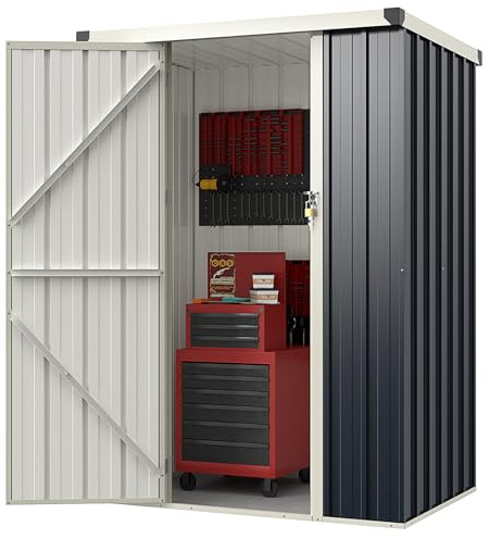 GOPLUS 1,6 m³ Cobertizo de Jardín de Metal, 117 x 89 x 162 cm, Caseta de Herramientas con Puerta Cerrable, Techo Inclinado, Armario de Almacenaje Exterior con Estructura Enclavable