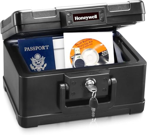 Honeywell Safes & Door Locks - Small Safe Box Chest for Home - Fireproof Safe Holds #10 Envelopes, USB Flash - Strong ABS Plastic - Document, Money Safe with Key Lock System - 0.15 CU, Black - 1101