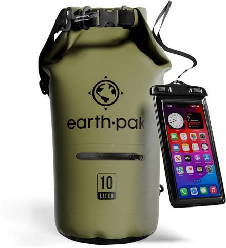 Earth Pak Dry Bag – Wasserdichter Packsack mit Reißverschluss Tasche, Schultergurt und wasserfester Handyhülle – Ideal beim Kajak Fahren, Camping, Angeln, Bootfahren und Rafting (Grün, 10L)