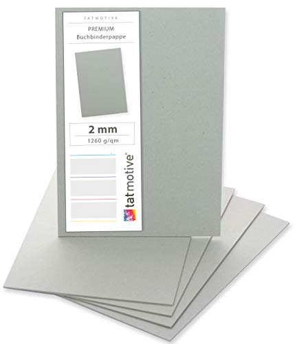 TATMOTIVE PREMIUM Buchbinderpappe 50 Stück DIN A4, 2mm 1260 g/qm Modellbaupappe, Bastelkarton, Graupappe