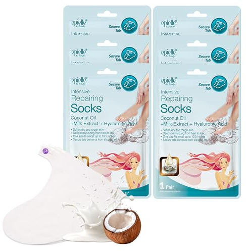 Epielle Intensive Repairing Foot Mask 6 Pairs, Renew and Soften with Coconut Oil & Milk Extract, Deep Moisturizing Socks for Dry, Cracked Feet, Self Care Gifts for Women, Spa Kit, Stocking Stuffers