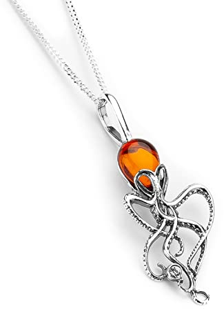 HENRYKA Octopus Necklace in Silver and Amber, Octopus Pendant, Women's Jewelry, Nautical Gift for Ladies, Sea Squid Jewelry, Nautical Jewelry