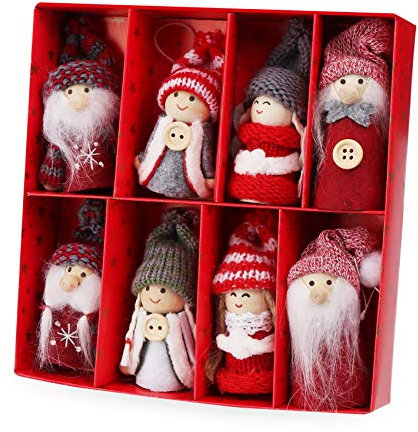 Homewit Christmas Handmade elf, 8pcs(In Pairs) Xmas Ornament Santa & Christmas elf Hang Pendant in Red Gift-Box, Wood Christmas ornament for Xmas Tree, Party Decoration