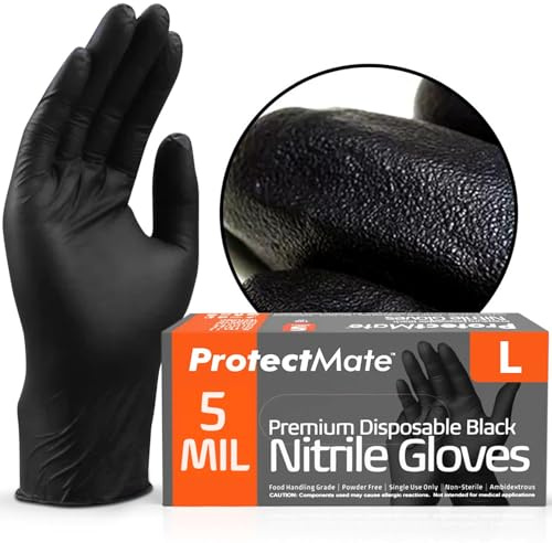 Protectmate 5 Mil Black Nitrile Gloves for Food Prep - Textured Food Prep Gloves - Food Handling Gloves Disposable Latex Free Gloves for Cooking, Catering, Food Service - Large (Box of 100)