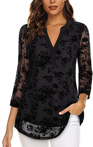 Vafoly Business Casual Tunika Damen Bluse Elegant V-Ausschnitt 3/4 Arm Casual Arbeit Oberteil Loose Fit Sommer Blumen Tops Flowy Doppellagig Mesh Tunika Sommer Beflockte Schwarze Blumen L