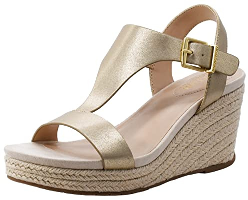 Kenneth Cole REACTION Womens Card T-strap Wedge Sandal Sneaker, Soft Gold Pu, 8.5 US