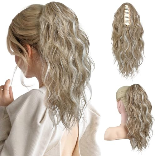 FLUFYMOOZ Ponytail Extension, 18 Inch Claw Clip Ponytail Extension, Wavy Curly Claw Clip in Ponytail Hair Extensions, Synthetic Hairpiece for Women (Light Blonde with White Blonde Highlights)