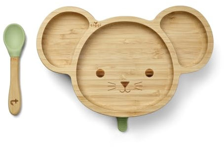 Tiggi Bamboo Baby Plate - Complete Weaning Set, Strong Suction, BPA-Free, Bamboo Plates, Ideal Baby Plate for Easy Feeding and Clean-Up (Mouse, Soft Green)