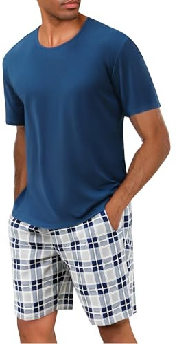 Uniexcosm Ensemble Pyjama Homme Court en Coton - Short Col Rond Manches Courtes Avec Poches Latérales - A-Bleu XL