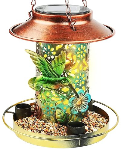 SOONHUA Solar Bird Feeder for Outdoors Hanging, Metal Wild Bird Feeder with Food Tray, Lighted, Chew Proof, Weather and Water Resistant Garden Lantern for Yard, Outside and Garden Decoration