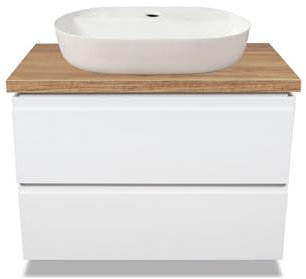 VBChome Badmöbel 80 cm Weiß Aufsatzwaschbecken mit Hahnloch 60x40 cm Aufsatzwaschtisch mit Waschbeckenunterschrank 2 Schubladen Badezimmerschrank Soft Close System Wandregal Modern