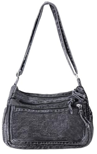 Ausing Crossbody Bag Damen Groß Canvas Tasche Damen mit Reißverschluss Jeanstasche Damen Crossbody Tasche Damen Schwarz