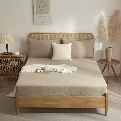 Luofanfei Spannbettlaken 160x200 Muslin Baumwolle Khaki Taupe Boxspringbett Frottee Topper Weich Uni Atmungsaktiv Bettlaken für Hohe Matratze bis 25-30 cm