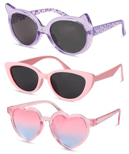 Yuio 3Pcs Kids Sunglasses, Cute Girls Heart Shaped Cat Eye Shape Sunglasses Set, UV 400 Protection Flexible Frame, Childrens Sun Glasses for Boys Outdoor Beach Holiday Cute Eyewear Party Accessories