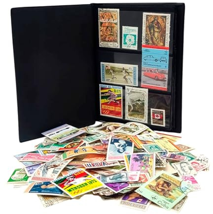 IMPACTO COLECCIONABLES – 500 American Stamps Collection with Included Album (5.5 x 7 x 0.4 in) | Enhance Your philatelic Collection with Authentic postmarked Stamps in a Compact and Elegant Album