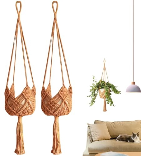 Macrame Plant Hanger – 2 Pack Boho Woven Hanging Baskets with Mesh Pocket Design | Handmade Rope Flower Pot Holders for Indoor Outdoor Use | Decorative Ceiling Planterrs for Home