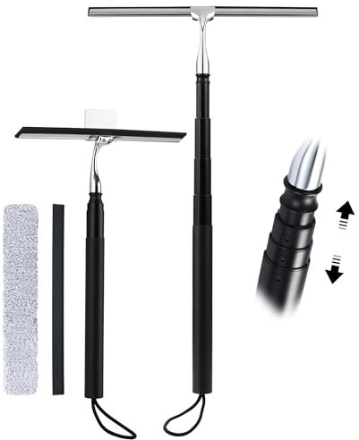 Eahwey 12-51’’ Telescopic Window Squeegee for High Windows, 2-in-1 Window Cleaning Kit with Extra Silicone Blade & Hook, Professional Squeegee for Shower Glass Doors (Window Squeegee for Home)