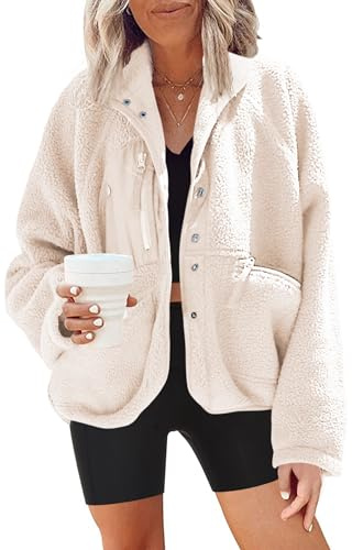 Nirovien Womens Fuzzy Fleece Jacket Button Down Sherpa Jacket(Beige,XS)