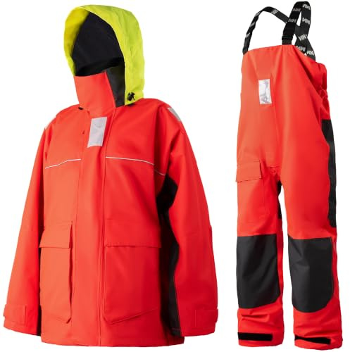 Men's Coastal Sailing Suit, Waterproof Jacket & Bib Trousers Set | 2-Layer Fabric, Taped Seams, Hi-Vis Hood, Breathable Lining, Reflective Details, Wet Weather Gear for Boating