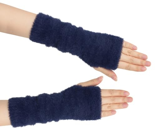 Long Keeper Winter Long Fingerless Gloves for Women Cozy Faux Fur Fingerless Hole Gloves Thermal Wrist Mittens Y2K Arm Warmers Long (navy)