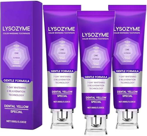 Lysozym Whitening tandkräm 100 g – 2026 färgkorrigerande tandkräm (lila) för gula tänder, tar bort missfärgningar, ger frisk andning, vårdar tandemalen, är lämplig för tänderna (3 st)