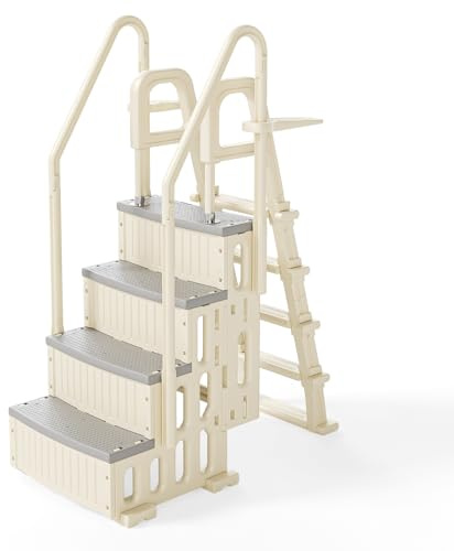 BONNLO Ensemble Escaliers de Piscine Double 4+5 Marches, PE, Blanc Cassé, Échelle de Piscine Creusée et Hors Sol 116cm, Anti-Dérapant, DIY Combiné