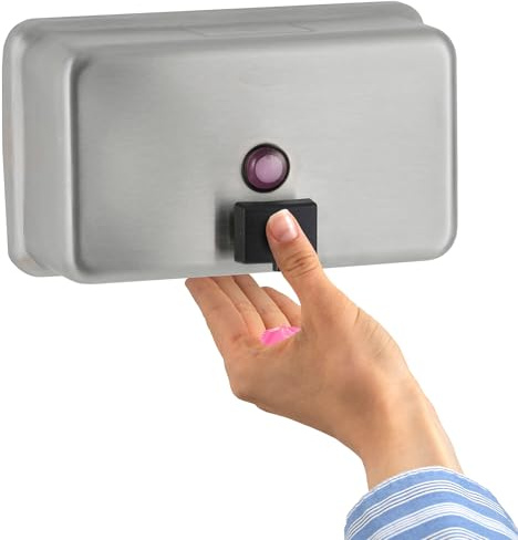 Bobrick Surface-Mounted Soap Dispenser - Satin-Finish Stainless Steel, 40-fl oz Capacity, Manual Liquid Soap Dispenser with Low Soap Indicator, Top Fill, Vandal-Resistant, Wall-Mounted Design (B-2112)
