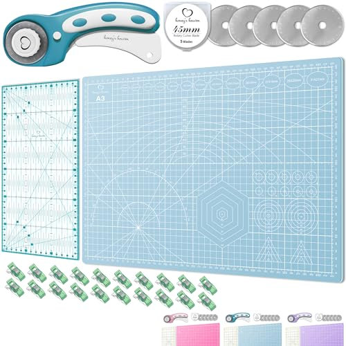 Honey's Heaven 45 mm Rollschneider Stoffschneider Set inkl. Schneideunterlage, Ersatzklingen, Stoffklammern, Patchwork-Lineal (Türkis/Mint, Schneidematte im A3-Format)