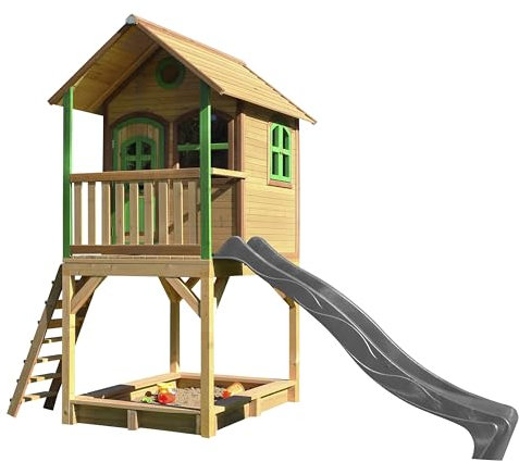 AXI Sarah Casetta con pavimento, sabbiera e scivolo grigio | Casa da gioco per giardino/esterno in marrone & verde di legno FSC | Parco giochi per bambini