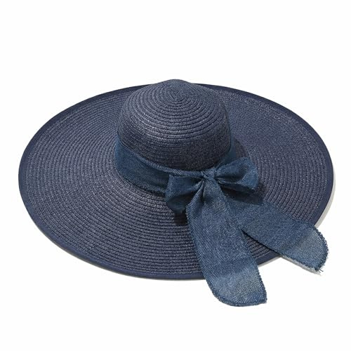 Chapeau de Paille d'Été à Large Bord pour Femme - Protection Solaire UPF 50+ - Pliable et Souple - Idéal pour la Plage (Bleu)