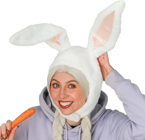 TRIXES Sombrero de conejo de Pascua – Sombreros divertidos para una fiesta de disfraces, disfraz de conejo, cosplay y más – Sombrero de conejo blanco y rosa esponjoso para adultos y niños con orejas