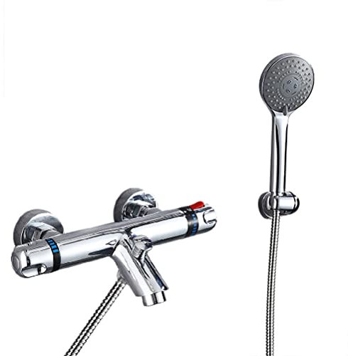 HomeLava Badewannenarmatur Thermostat mit Handbrause Wannenarmatur Badarmatur Chrom Mischbatterie Badewanne Bad Dusche mit 38 °C Sicherheitstaste Wannenbatterie Messing Duscharmatur mit Brause