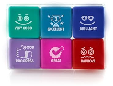 Pack 6 Sellos Escolares - Especial Profesores en 6 Colores y 7 Idiomas, Hasta 1000 Impresiones por Sellos en caja transparente by Office Box (Inglés)