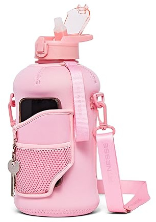 Fitnesse 2.2L Water Bottle with Straw and Covered Lid – Phone & Key Storage - Drop proof - Leak Proof - Shoulder Strap and Handle – Large Gym Water Bottle – BPA Free – Pink