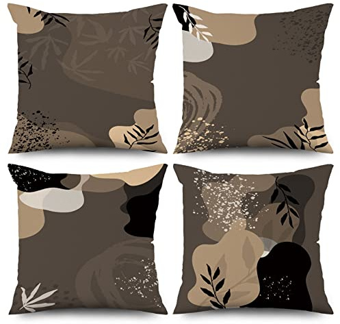 ASDCXZ 4 stycken örngott boho 40 x 40 cm, modern minimalistisk abstrakt konst blad brun dekorativ kudde örngott tvättbar polyester lin textil stoppning örngott