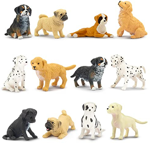 TOYMANY 12 stycken minihundar djurfigurer, realistiska hundfigurer leksaksset, plast minivalpfigurer, jul, valpfigurer, jul, valpkakor cupcake-topp, påskägg, födelsedagspresent för barn