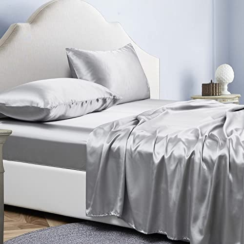 Jemiipee Completo Lenzuola Raso Matrimoniale Tinta Unita 180x200x36 cm - Lenzuola Sotto con Angoli Matrimoniali, Lenzuolo Sopra, 2 Federe - Biancheria da Letto Satin 4 Pezzi - Grigio Chiaro