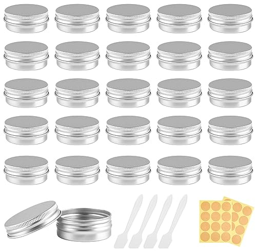 20 Piezas Tarros de Aluminio, 15ML Aluminio Latas, Redondas Cajas Metalicas con Tapa Roscada, Botes Viaje, para Velas, Bálsamos, Cosméticos (con Etiquetas y Mini Espátula)