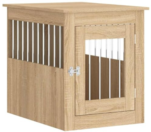 vidaXL Jaula para Perros, Perrera con Ventilación Cerradura, Caseta Refugio para Mascotas, Mesita Auxiliar, Madera de Ingeniería Roble Sonoma
