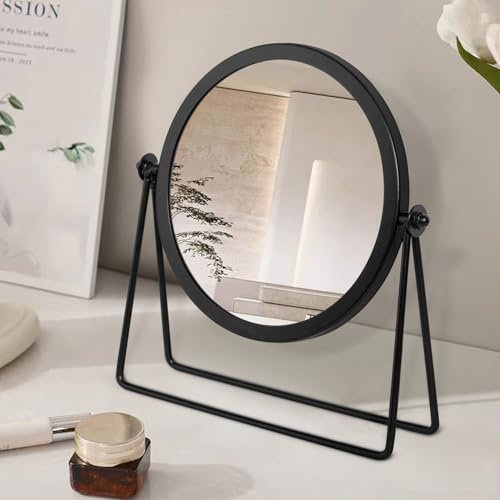 JJUUYOU Desk Mirror with Metal Framed Round Tabletop Mirror 360°Rotation Small Makeup with Stand Mirrors for for Office Dorm Room Cosmetic Black