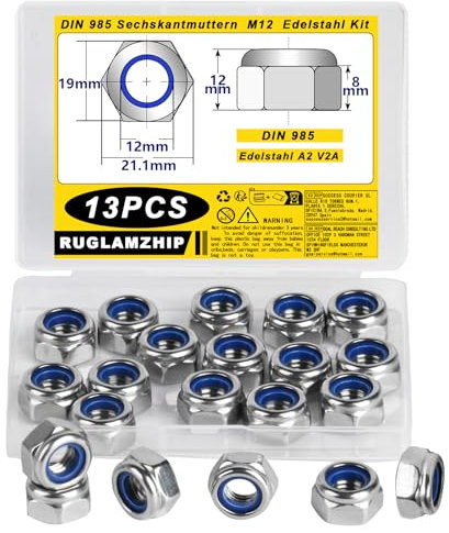 13 Piezas Tuercas M12, Tuercas Hexagonales de Acero Inoxidable A2 V2A, Tuercas Autoblocantes, DIN 985 Tuercas de Bloqueo de Nylon para Tornillos Pernos Roscados Inserciones Roscadas