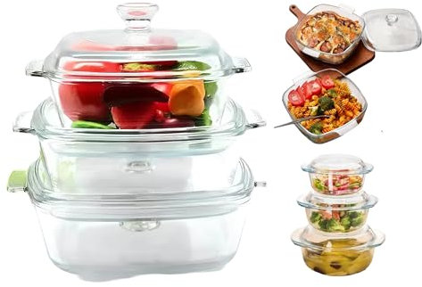 Reldor 3 PCS Glass Casserole Dishes With Lids Oven Proof Microwave Freezer Save With Handles (Clear, Square 0.8/1.2/1.5 Ltr)