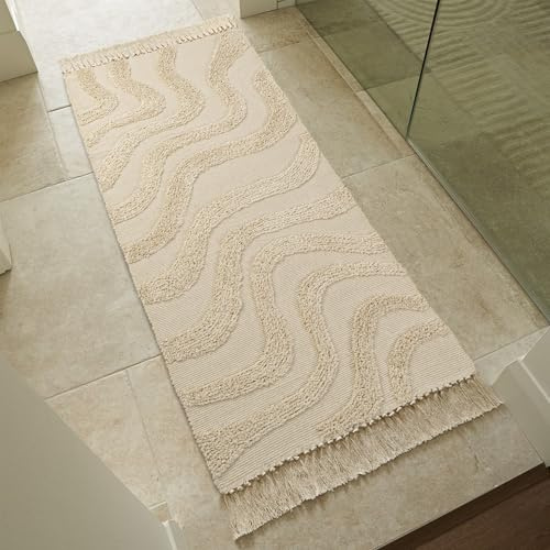Beautiful Boho Rug with Tassels for Your Bathroom - Soft 2 x 4,3 ft. Cotton Rug Fits Perfectly Into Your Bedroom - Washable, Non-Slip Bedside Mat Ideal to Enhance Any Modern Home Decor, 24 x 52inch