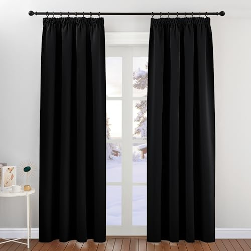 PONY DANCE Blackout Pencil Pleat Curtains, Black, W52 x L84 Inch, 2 Panels | Thermal Insulated Curtains with Noise Reducing & Privacy, Luxury Soft Window Treatment for Bedroom & Living Room