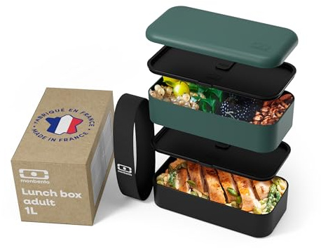 monbento - Bento Box Adult Original Green/Black Made in France - 2 Leakproof Compartments - Microwave & Dishwasher Safe - Stackable Lunch Box for Work/Picnic/Meal Prep - BPA Free Containers for Food