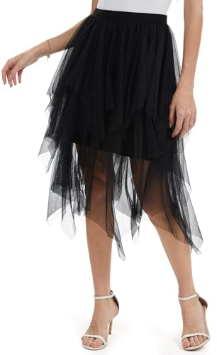 Kiiwah Jupe Tulle Femme, Mi-Longue Jupes Asymétrique en Couche Élégante, Taille Elastique Maille Jupon Jupe Tutu en Tulle pour Femme pour Daily, Carnaval Halloween, Prom, Party