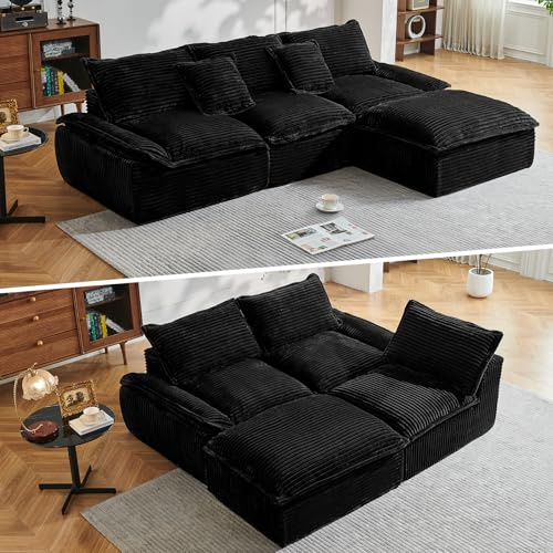 IKALIFE Boneless Modular Sectional Sofa - Comfy L-Shaped Corner Sofa With Deep Seat, Cloud Couch With Ottoman, 3/4 Seater Boneless Couch For Living Room Lounge, No Assembly Required, Black