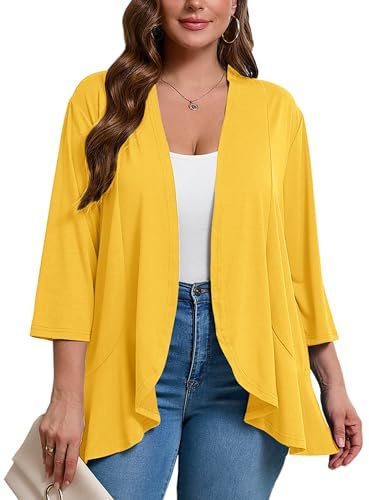 AusLook Women's Plus Size 3/4 Sleeve Draped Ruffle Hem Open Front Cardigan | Cardigans for woman, 3/4 Sleeve Draped Ruffle Kimono Jacket, Open Front Lightweight Coat, Soft Casual Summer Fall Daily Tops