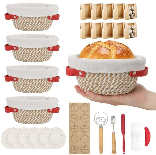 Kit básico de 30 cestas para fermentar pan: 5 cestas ovaladas de algodón para pan de masa madre Banneton con forros y cubiertas, 10 bolsas para pan y herramientas para hornear pan artesanal