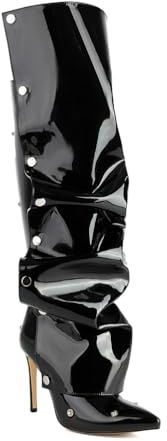 YhdtHSF Stivali da Donna al Ginocchio 10CM con Tacco Alto a Stiletto, Punta Affusolata, in Pelle Nera, Modello a infilare con Risvolto,Nero,41 EU